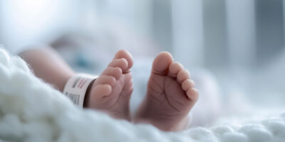 Close-up of a newborn baby's tiny feet resting in hospital crib.