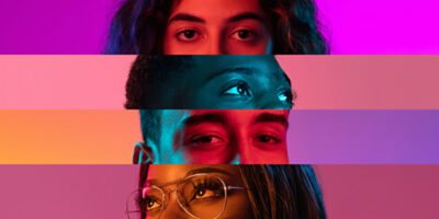 brightly colored graphic with four different youth faces stacked vertically